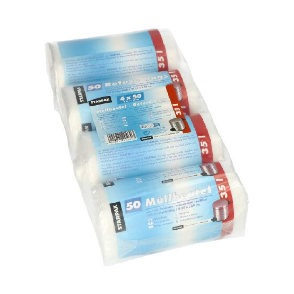Het product bestaat uit vier rollen met 35-liter vuilniszakken, die elk in een transparante plastic hoes zijn verpakt. Het etiket op elke rol draagt de tekst "Starpak" en "50 vuilniszakken", wat aangeeft dat ze voor huishoudelijk gebruik zijn bedoeld.