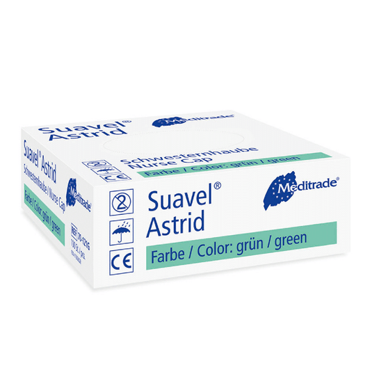 Een doos Meditrade Suavel® Astrid-operatiehandschoenen van Meditrade GmbH. De verpakking is overwegend wit en blauw, waarbij in de tekst wordt vermeld dat de handschoenen groen zijn. Symbolen geven aan dat de handschoenen bedoeld zijn voor eenmalig gebruik.