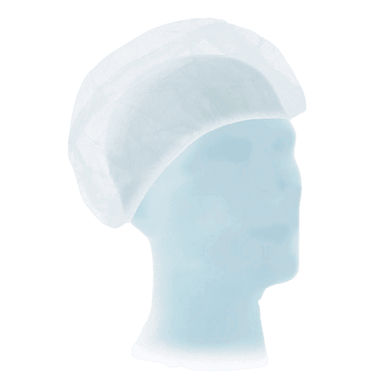 Een transparant etalagepophoofd met een witte, wegwerp-Mediatrade Suavel® Astrid zusterkapje XL van polypropyleen vliesstof voor een groene achtergrond.