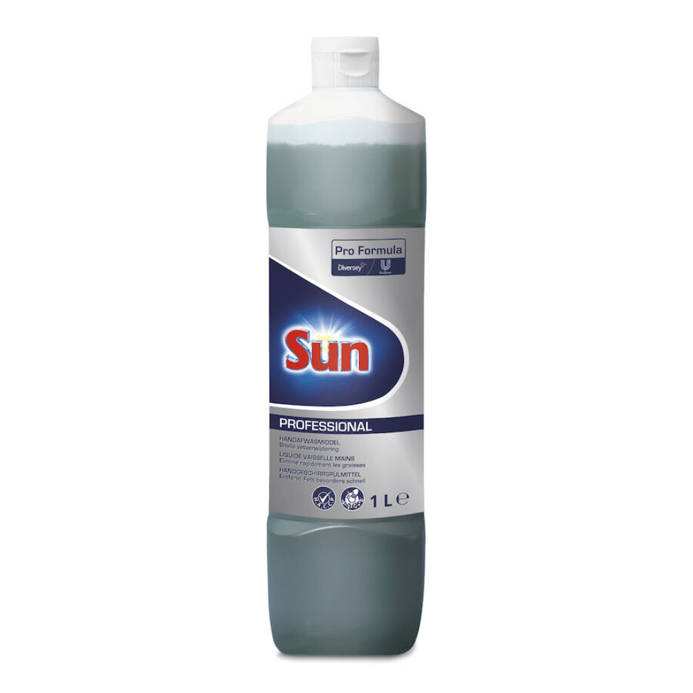 Een 1-liter fles Diversey Sun Professional Handafwasmiddel van Diversey Deutschland GmbH & Co. OHG heeft een witte dop, een overwegend wit etiket met het Sun-logo, productdetails, reinigings- en veiligheidssymbolen en valt op door een frisse citroengeur.