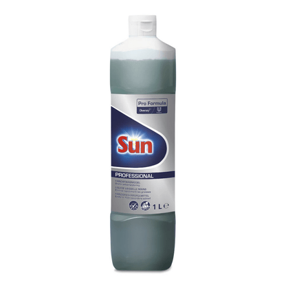 Een 1-liter fles Diversey Sun Professional Handafwasmiddel van Diversey Deutschland GmbH & Co. OHG heeft een witte dop, een overwegend wit etiket met het Sun-logo, productdetails, reinigings- en veiligheidssymbolen en valt op door een frisse citroengeur.