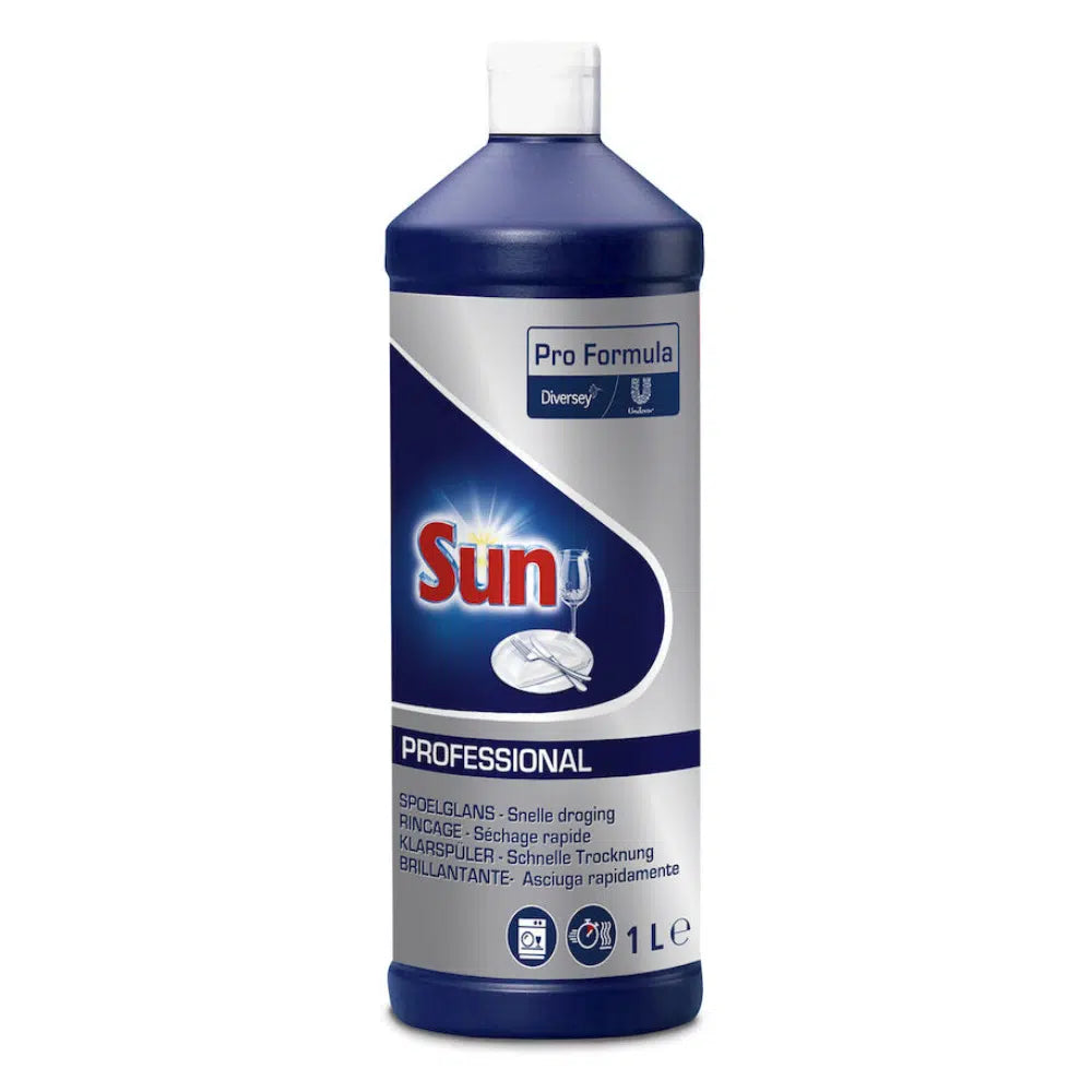 Een 1-liter fles SUN Professional glansspoelmiddel van Diversey Deutschland GmbH & Co. OHG is ideaal voor uw vaatwasser. Het blauw-witte etiket toont een logo met een fonkelend glas en benadrukt de snel drogende glansspoelereigenschappen voor streeploos servies, die speciaal voor professioneel gebruik zijn ontwikkeld.