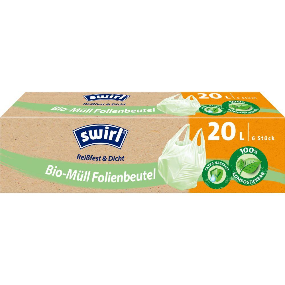 Een rol Swirl bio-afval foliezakken met draaggreep (20L, 6 zakken) van Melitta Europa GmbH & Co. KG - scheurvast, lekvrij, DINplus-gecertificeerd, composteerbaar. Groene zakafbeelding op de verpakking.