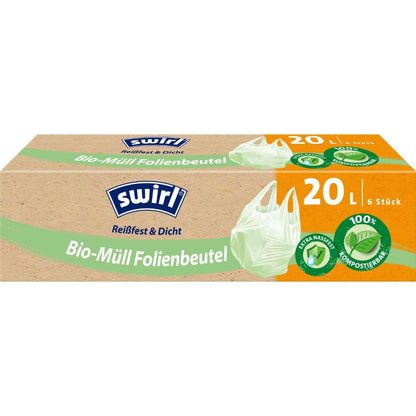 Een rol Swirl bio-afval foliezakken met draaggreep (20L, 6 zakken) van Melitta Europa GmbH & Co. KG - scheurvast, lekvrij, DINplus-gecertificeerd, composteerbaar. Groene zakafbeelding op de verpakking.