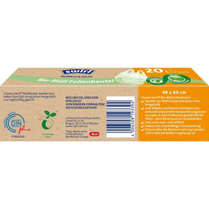Een rechthoekige doos Swirl bio-afval foliezakken 20 l van Melitta Europa GmbH & Co. KG met groene, gele en blauwe opdruk toont productinformatie, DINplus-gecertificeerd logo, barcode; bevat een rol met 6 scheurvaste zakken (48 x 60 cm) met handvatten.