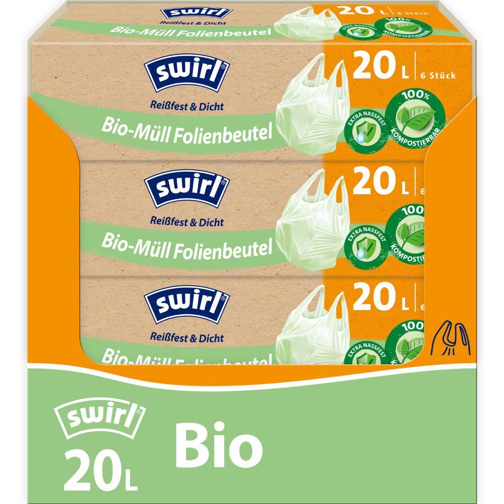 Een rol Swirl bio-afval foliezakken met draaggreep (20L, 6 zakken) van Melitta Europa GmbH & Co. KG met 'composteerbaar' markering, DINplus gecertificeerd-plakkaat, groene en oranje accenten en een witte afvalzakillustratie.