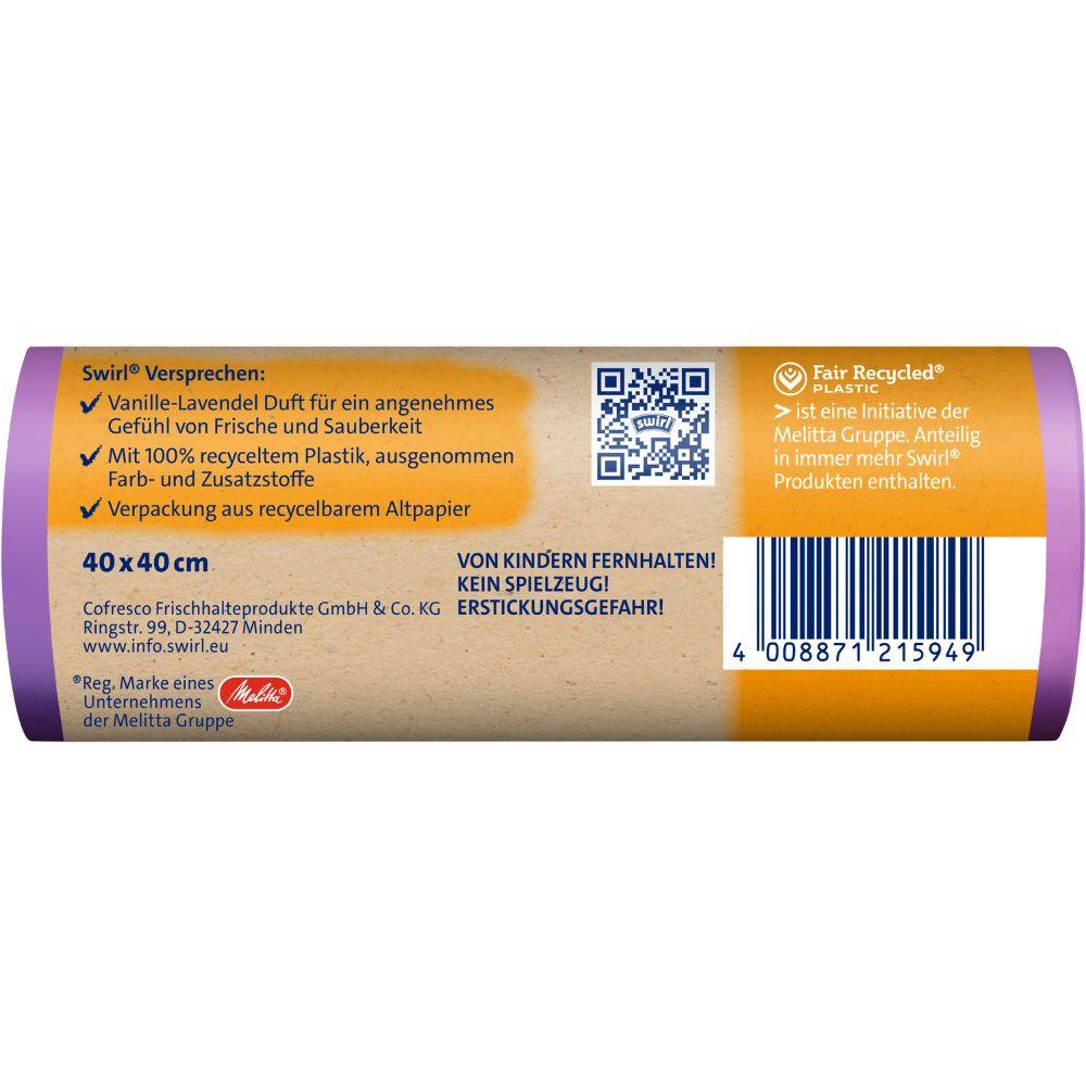 Het Duitse etiket van de Swirl geurende vuilniszak vanille-lavendel 10 l (14 zakken, Melitta Europa GmbH & Co. KG) toont gerecycled kunststof, barcode, recyclingsymbolen, veiligheidsinstructies en benadrukt de aangename voordelen van de vanille-lavendelgeur.