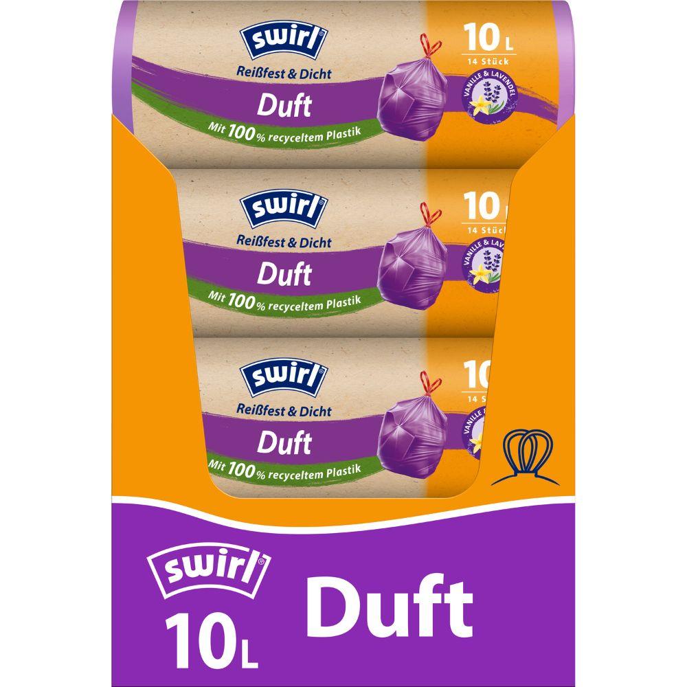 Afgebeeld is een rol Swirl geurende vuilniszakken vanille-lavendel 10l scheurvast & dicht van Melitta Europa GmbH & Co. KG met 14 vuilniszakken die naar vanille en lavendel ruiken en uit ten minste 100% gerecycled kunststof bestaan.