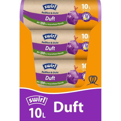 Afgebeeld is een rol Swirl geurende vuilniszakken vanille-lavendel 10l scheurvast & dicht van Melitta Europa GmbH & Co. KG met 14 vuilniszakken die naar vanille en lavendel ruiken en uit ten minste 100% gerecycled kunststof bestaan.