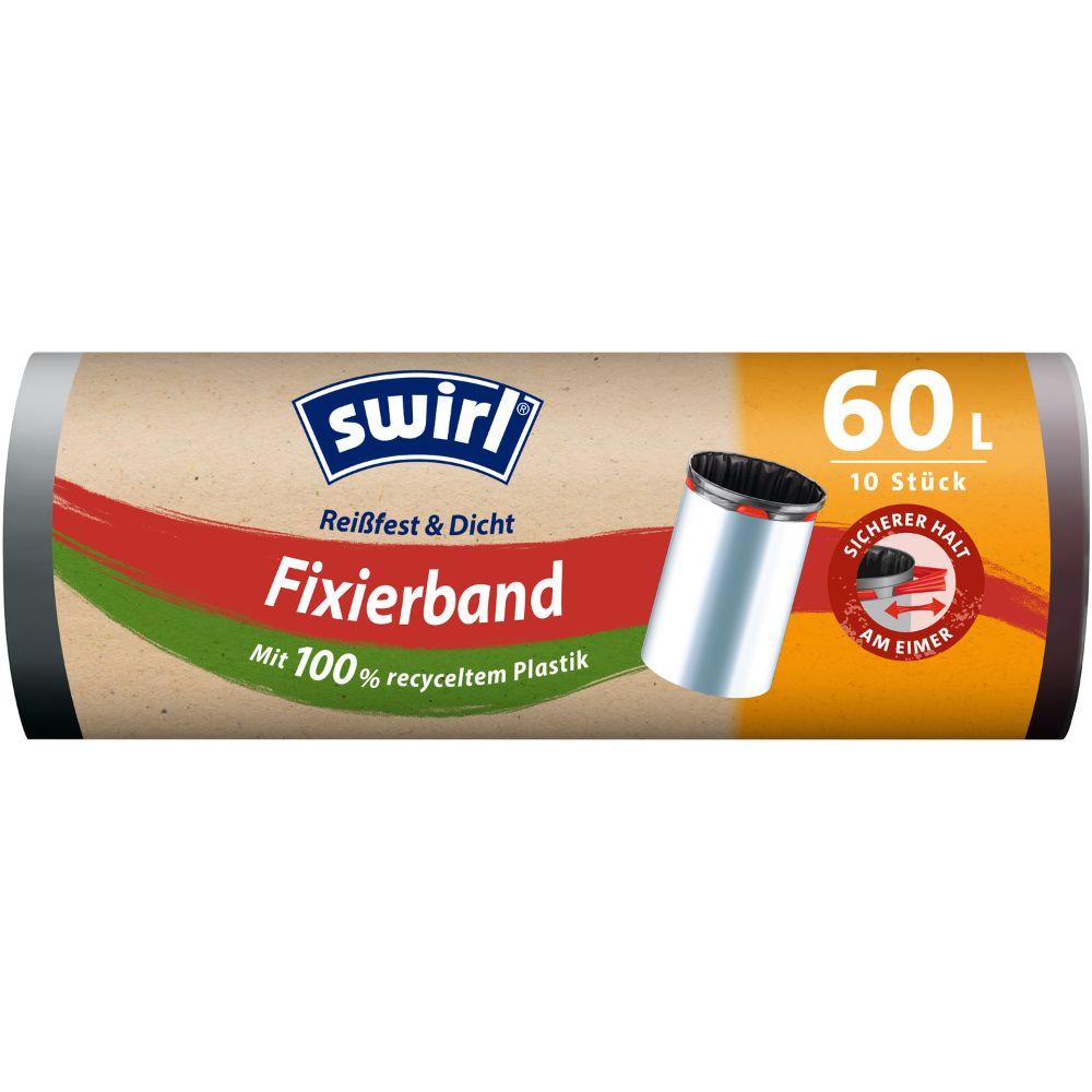 Een rol Swirl Fixeerband-vuilniszakken 60 l Scheurbestendig & Dicht van Melitta Europa GmbH & Co. KG bevat 10 zakken van 100% gerecycled kunststof, met elastische fixeerbanden in bruine, rode en oranje verpakking en vuilniszak-motief.