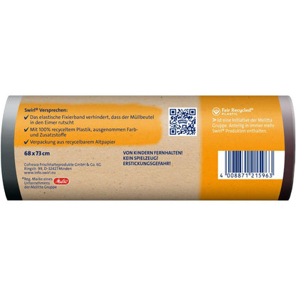 Een rol Swirl Fixeerband-vuilniszakken 60 l Scheurbestendig & Dicht (10 zakken) van Melitta Europa GmbH & Co. KG heeft een lichtbruin Duits etiket, is gemaakt van 100% gerecycled kunststof en heeft een elastisch fixeerband voor een veilige sluiting.