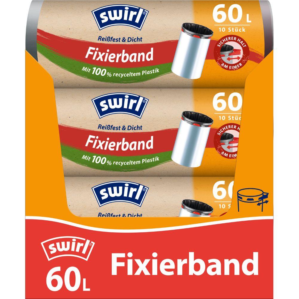 Drie rollen Swirl Fixeerband-vuilniszakken 60 l Scheurbestendig & Dicht van Melitta Europa GmbH & Co. KG (elke rol met 10 zakken) worden geleverd in een oranje-rode doos met Duitse details en een vuilnisbak-motief, die van 100% gerecycled kunststof is gemaakt.