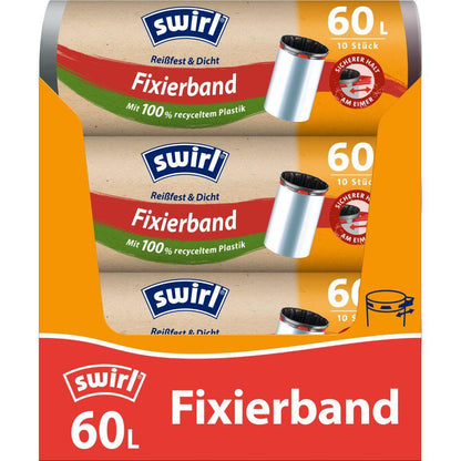 Drie rollen Swirl Fixeerband-vuilniszakken 60 l Scheurbestendig & Dicht van Melitta Europa GmbH & Co. KG (elke rol met 10 zakken) worden geleverd in een oranje-rode doos met Duitse details en een vuilnisbak-motief, die van 100% gerecycled kunststof is gemaakt.