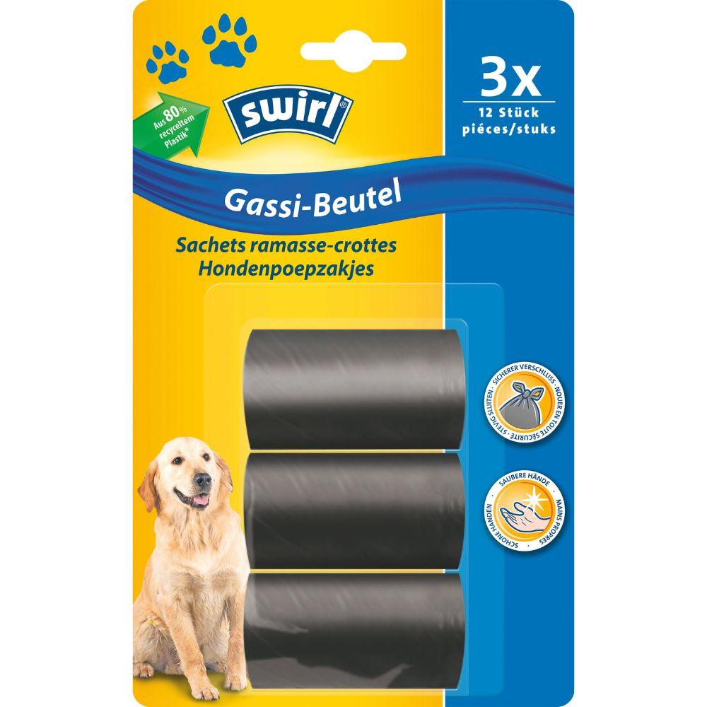 Een verpakking Swirl uitlaatzakjes Scheurvast & Dicht (36 zakjes, van Melitta Europa GmbH & Co. KG) in een kunststofverpakking met een geel-blauwe achtergrond, een foto van een Golden Retriever, Duitse tekst en kenmerk-symbolen.