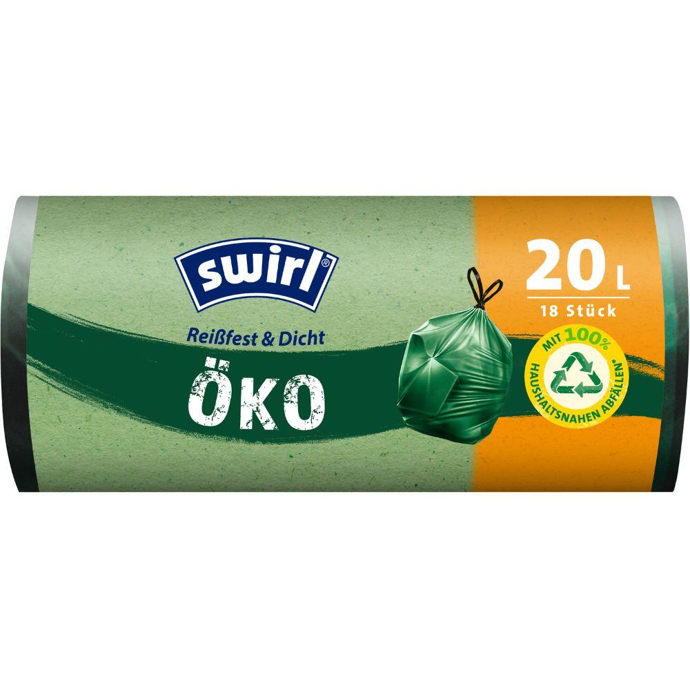 Een rol Swirl eco-afvalzakken met trekkoord 20l scheurbestendig & dicht van Melitta Europa GmbH & Co. KG bevat 18 milieuvriendelijke afvalzakken in groene en oranje verpakking met recyclingsymbool, gemaakt van gerecycled kunststof.
