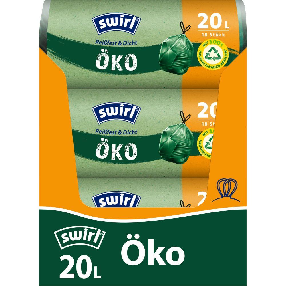 Een rol Swirl eco-afvalzakken met trekkoord 20 l van Melitta Europa GmbH & Co. KG bevat 18 scheurbestendige, lekvrije zakken met trekkoordsluiting en milieuvriendelijke eigenschappen, gemaakt van gerecycled kunststof en voorzien van een groen zegel.