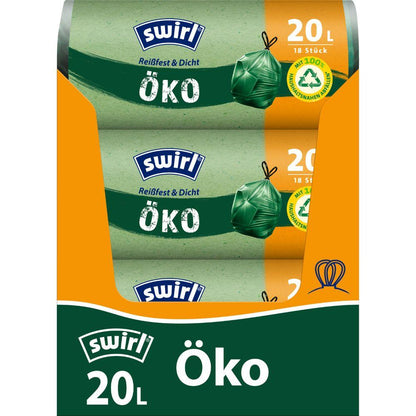 Een rol Swirl eco-afvalzakken met trekkoord 20 l van Melitta Europa GmbH & Co. KG bevat 18 scheurbestendige, lekvrije zakken met trekkoordsluiting en milieuvriendelijke eigenschappen, gemaakt van gerecycled kunststof en voorzien van een groen zegel.