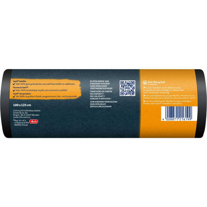 Een rol Swirl zware-duty zakken Profi met trekkoord (240 l, 5 zakken) van Melitta Europa GmbH & Co. KG, gemaakt van 100% gerecycled kunststof, met Nederlands/Duits etiket (100 x 125 cm), recycling-symbolen, barcode, QR-code en 'scheurvast'.
