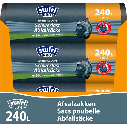 Twee rollen Swirl zware-duty zakken Profi met trekkoord 240 l (5 zakken, scheurvast & dicht) van Melitta Europa GmbH & Co. KG, in oranje en blauwe verpakking met meertalige etiketten en gerecycled plastic.