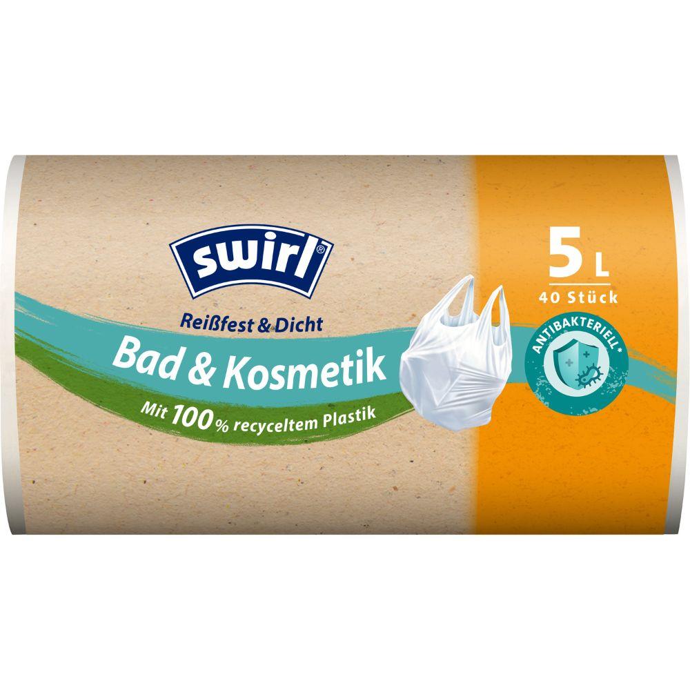 Een rol Swirl draaggreep-vuilniszakken Bad- & Cosmetica 5L (40 zakken) van Melitta Europa GmbH & Co. KG, gemaakt van 100% gerecycled kunststof met antibacteriële bescherming, wordt aangeduid als scheurbestendig en lekvrij.
