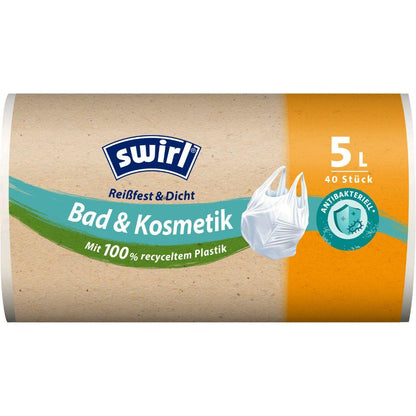 Een rol Swirl draaggreep-vuilniszakken Bad- & Cosmetica 5L (40 zakken) van Melitta Europa GmbH & Co. KG, gemaakt van 100% gerecycled kunststof met antibacteriële bescherming, wordt aangeduid als scheurbestendig en lekvrij.