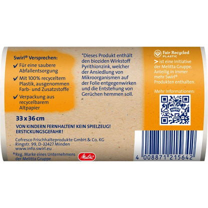 Achterkant van een Swirl draaggreep-vuilniszak Bad- & Cosmetica 5 l verpakking van Melitta Europa GmbH & Co. KG, met barcode, QR-code, Nederlandse productinformatie, recyclingdetails, veiligheidswaarschuwingen, antibacteriële opmerking en 100% gerecycled plastic etiket.