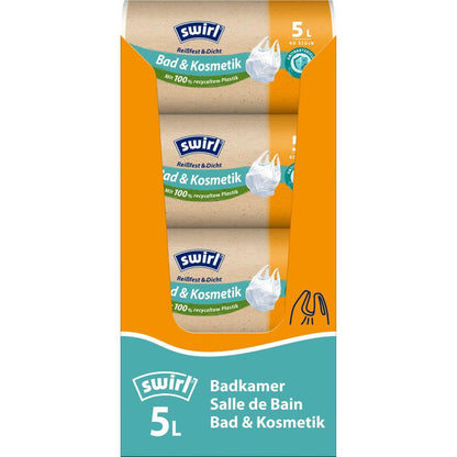 Een rol Swirl draaggreep-vuilniszakken Bad- & Cosmetica 5 l Scheurbestendig & Dicht van Melitta Europa GmbH & Co. KG met 40 scheurbestendige en lekvrije badkamer-vuilniszakken van gerecycled kunststof. De doos is afgebeeld in oranje en blauw.