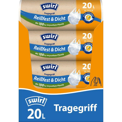 Drei Rollen Swirl Tragegriff-Müllbeutel 20l Reißfest & Dicht von Melitta Europa GmbH & Co. KG mit jeweils 20 Beuteln aus 100 % recyceltem Kunststoff werden in orange-blauen Packungen mit der Aufschrift „20 Stück“ und einem weißen Müllsack-Symbol geliefert.