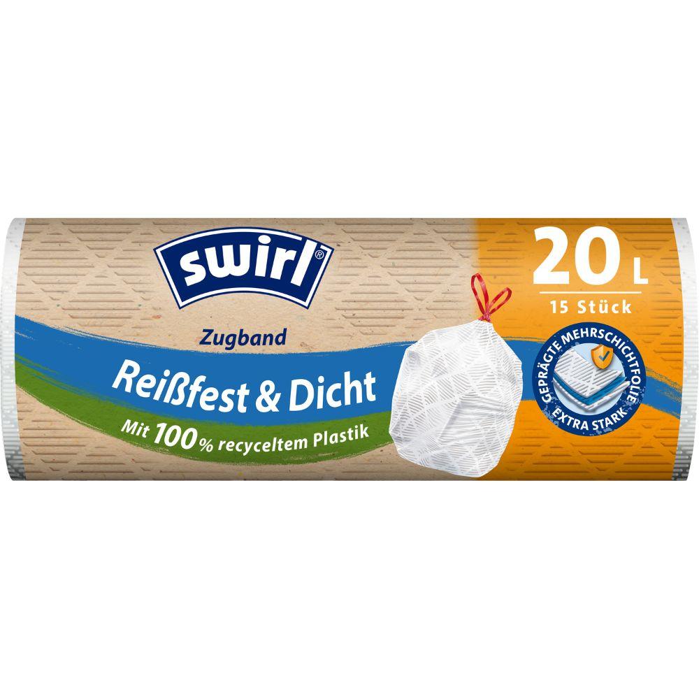 Der beige Swirl Zugband-Müllbeutel 20 l Reißfest & Dicht von Melitta Europa GmbH & Co. KG kommt als Rolle mit 15 Beuteln à 20 Litern und besteht aus 100 % recyceltem Kunststoff mit blauen und orangen Akzenten.
