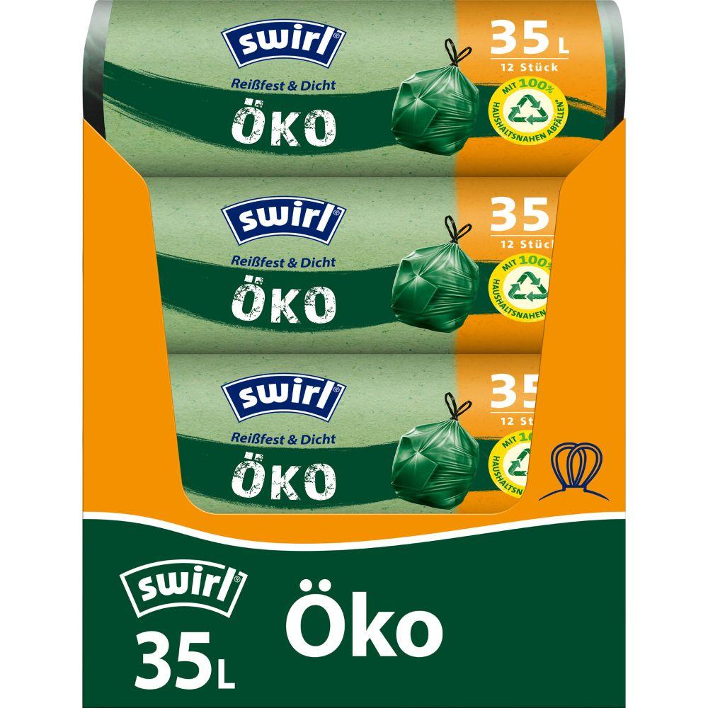 Eine Rolle Swirl Öko-Müllbeutel mit Zugband 35 l (12 Beutel) von Melitta Europa GmbH & Co. KG mit umweltfreundlichen Symbolen und Farben besteht aus recyceltem Kunststoff und bietet eine nachhaltige und sichere Abfalllösung.