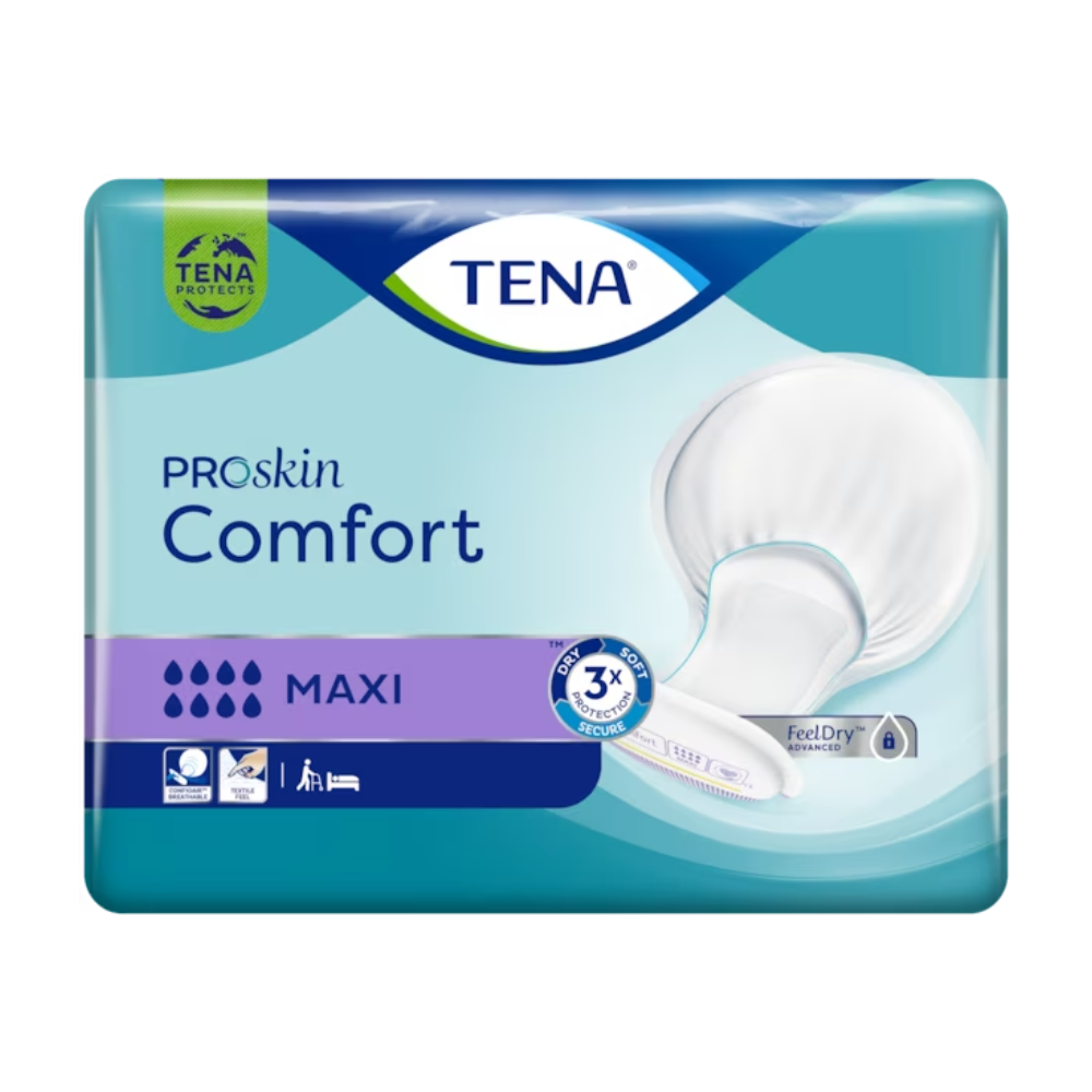 Verpakking voor TENA Comfort Maxi incontinentieverbanden, inhoud 34 stuks. Het ontwerp omvat een blauw-paars kleurenschema met een afbeelding van het incontinentieverband aan de rechterkant en symbolen die absorptievermogen en productvoordelen aangeven.