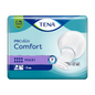 Verpakking voor TENA Comfort Maxi incontinentieverbanden, inhoud 34 stuks. Het ontwerp omvat een blauw-paars kleurenschema met een afbeelding van het incontinentieverband aan de rechterkant en symbolen die absorptievermogen en productvoordelen aangeven.