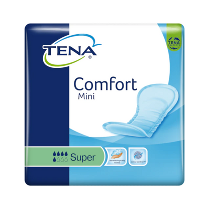 De afbeelding toont een verpakking TENA Comfort Mini Super incontinentieverband met 30 inleggers, die zijn ontwikkeld voor blaaszwakte. De blauw-witte verpakking toont duidelijk het TENA-logo van Essity Germany GmbH en de productnaam, samen met een afbeelding aan de rechterkant die de Dry Fast Core-technologie benadrukt.