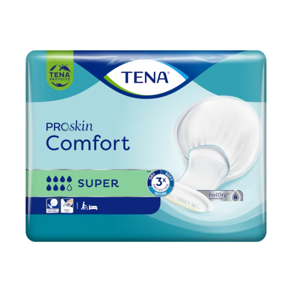 De verpakking van de TENA Comfort Super incontinentieverband met zijn duidelijke productpresentatie benadrukt door middel van duidelijke iconen de dermatologisch geteste en droogheidsbeschermende eigenschappen. Het ontwerp, dat voornamelijk in blauw en groen is gehouden, vergemakkelijkt de identificatie.
