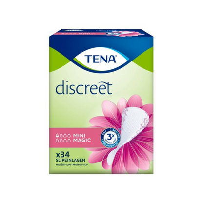 De afbeelding toont een verpakking van TENA Discreet Mini Magic incontinentiepad met roze bloemblaadjesontwerp en de tekst "Verpakking (34 stuks)". De verpakking benadrukt "3x bescherming" bij lichte blaaszwakte, bevat waterdruppelsymbolen en benadrukt de microPROTEX-technologie voor effectieve absorptie. Gemaakt door TENA - Essity Germany GmbH.