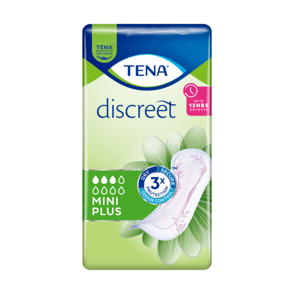 De verpakking van de TENA Discreet Mini Plus incontinentieverband, geproduceerd door TENA - Essity Germany GmbH, is uitgevoerd in blauw en groen. Ze benadrukt kenmerken zoals 'tot 12 uur droogheid' en '3-voudige bescherming geurcontrole' voor drievoudige bescherming. Bovendien is er een opvallend beeld van een verband met bloemenpatroon te zien om de effectieve bescherming tegen blaaszwakte te benadrukken. De verpakking bevat 20 stuks.
