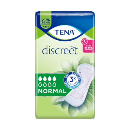 Een verpakking TENA Discreet Normal incontinentieverband | Verpakking (24 stuks) wordt uitgereikt, perfect voor de behandeling van blaaszwakte. De groen-blauwe verpakking toont boven prominent het merklogo van TENA - Essity Germany GmbH, samen met symbolen voor absorptievermogen en comfort. Een bloemenpatroon rechtsonder benadrukt het gebruik van de microPROTEX-technologie.