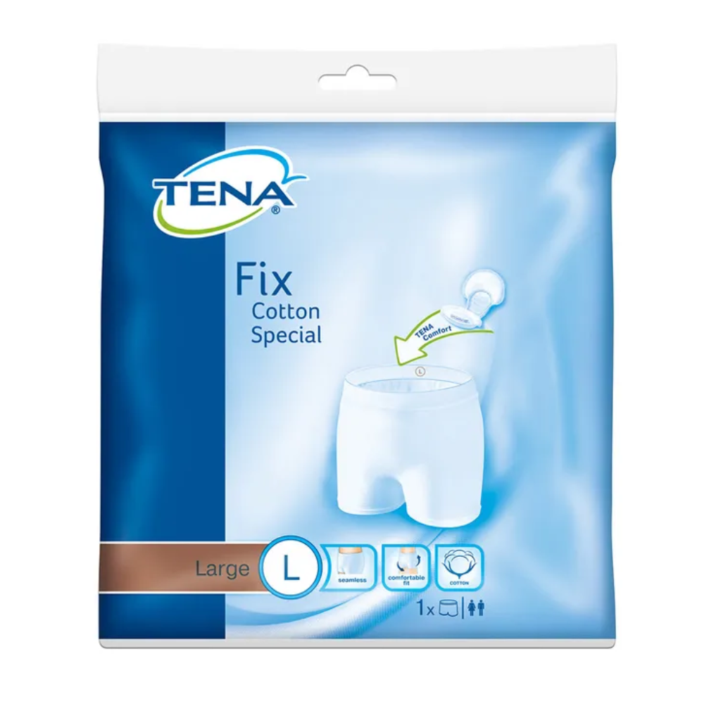 Een verpakking TENA Fix Cotton Special Fixeerbroek Incontinentieondergoed, maat L, van TENA - Essity Germany GmbH. De blauw-witte verpakking toont een afbeelding die comfort en pasvorm benadrukt, evenals symbolen met gedetailleerde wasinstructies en productinformatie voor eenvoudige verzorging.