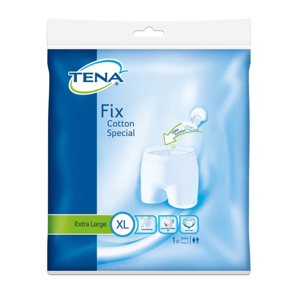 De blauwe verpakking van de TENA Fix Cotton Special Fixeerbroek Incontinentieondergoed, extra groot, toont het productbeeld en symbolen die haar voordelen benadrukken. Ook aangeduid als 'Fixeerbroek', past ze perfect bij incontinentie-inleggers voor optimaal comfort en veiligheid.