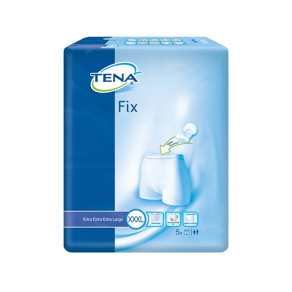 Eine blaue Packung TENA Fix Inkontinenz-Fixierhosen (Inkontinenzprodukte). Die Verpackung zeigt eine Grafik des Produkts und gibt die Größe mit XXXL an. Das Produkt ist als „Extra Extra Extra Large“ gekennzeichnet und enthält fünf Paar pro Packung.