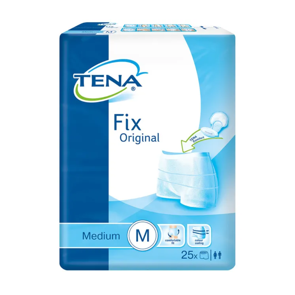 De verpakking van de TENA Fix Original Fixeerbroek in Blauw en Wit toont een diagram van dit premiumproduct. Het benadrukt de lektechnologie en geeft aan dat het een Medium maat is die 25 artikelen bevat. Symbolen op de verpakking illustreren de belangrijkste functies voor maximaal comfort.