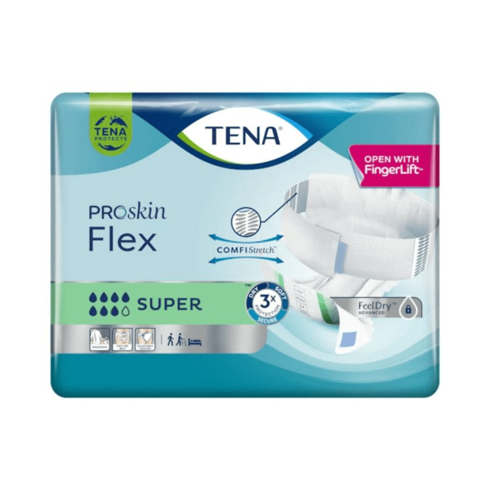 Een verpakking TENA Flex Super incontinentieverband met heupband van TENA - Essity Germany GmbH, met ComfiStretch en veilige heupband. De verpakking met FeelDry-technologie toont symbolen die de producteigenschappen benadrukken en bevat een diagram van het incontinentieverband.