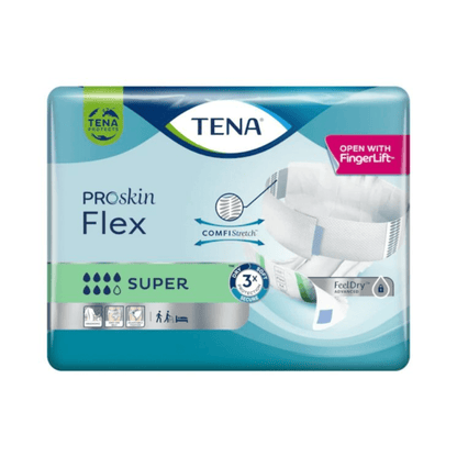 Een verpakking TENA Flex Super incontinentieverband met heupband van TENA - Essity Germany GmbH, met ComfiStretch en veilige heupband. De verpakking met FeelDry-technologie toont symbolen die de producteigenschappen benadrukken en bevat een diagram van het incontinentieverband.