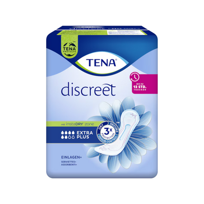 De afbeelding toont een verpakking van TENA Lady Discreet Extra Plus incontinentie-inlegkruisje van Essity Germany GmbH, die dient ter bescherming van de gevoelige blaas. De verpakking is overwegend blauw met een wit bloemenmotief en benadrukt kenmerken zoals "InstaDRY Technologie" en "3x Bescherming", wat de effectiviteit als oplossing voor incontinentie-inlegkruisjes onderstreept.