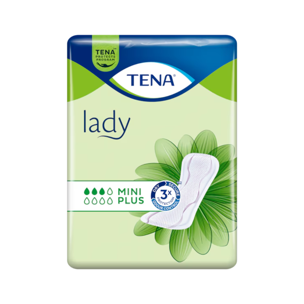 De verpakking van de TENA Lady Mini Plus inlegkruisje van Essity Deutschland GmbH is groen en draagt het logo van het merk prominent bovenaan. Naast de tekst '3x bescherming', die de DryZone-technologie voor verbeterde effectiviteit tegen blaaszwakte benadrukt, is het beeld van een inlegkruisje te zien.