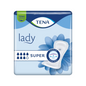 De verpakking van de TENA Lady Super incontinentiepad | Verpakking (30 stuks) van TENA - Essity Germany GmbH is in blauw-wit gehouden. Opvallende elementen zoals de woorden "Lady" en "SUPER", absorptiedruppels, een bloemengrafiek en termen zoals "Odour Control" maken het de ideale keuze voor iedereen die binnen het TENA Protects-programma op zoek is naar betrouwbare incontinentiebescherming.