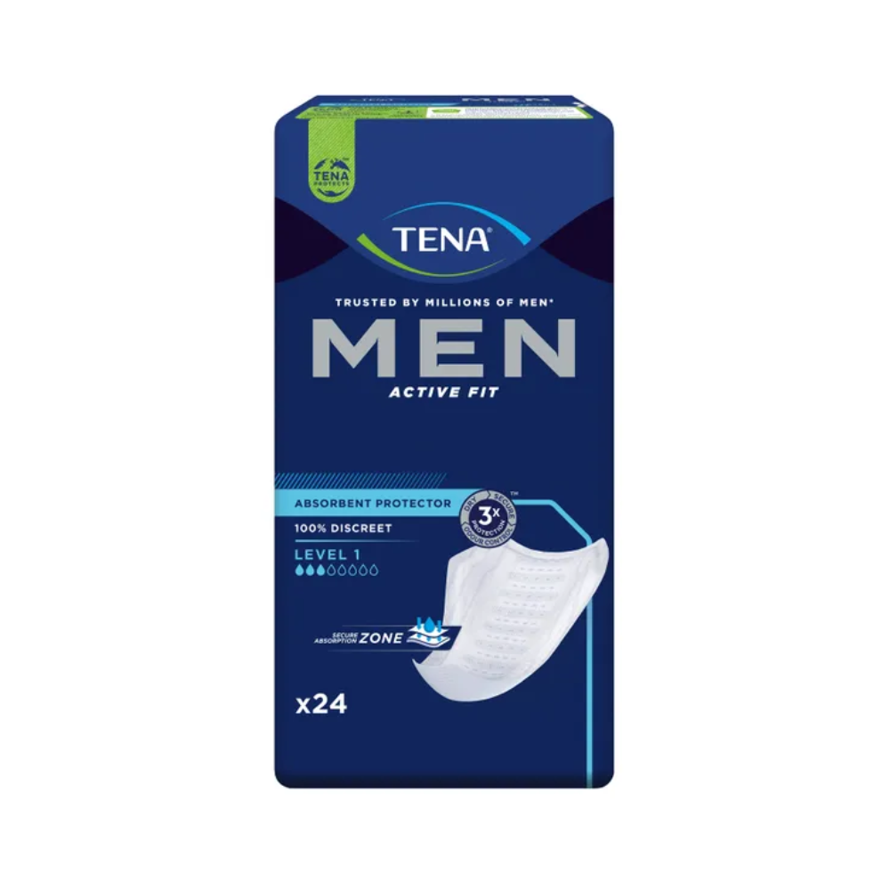 Afbeelding van de verpakking van de TENA Men Active Fit Level 1 incontinentiepad. De donkerblauwe verpakking met het TENA-logo bovenaan draagt de opmerking 'Gebruikt door miljoenen mannen' en benadrukt het 'discrete ontwerp' en de 'veilige absorptiezone'. Afgebeeld is een witte beschermer met 24 stuks erin.