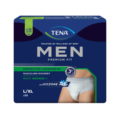 De verpakking voor de TENA Men Active Fit Pants Maxi Incontinentiebroek wordt gepresenteerd. De donkerblauwe verpakking benadrukt kenmerken zoals 'mannelijk + discreet' en 'Maxi Absorptie', en is daarmee perfect bij sterk urineverlies. Een afbeelding van de incontinentiebroek en de maat L/XL is te zien.