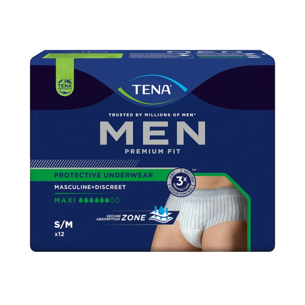 Verpakking van de TENA Men Active Fit Pants Maxi Incontinentiebroek in maat S/M van TENA - Essity Germany GmbH. Het ontwerp valt op door een mannelijk en discreet uiterlijk, perfect voor sterk urineverlies met maximale absorptiecapaciteit. Een afbeelding van het product wordt getoond, vergezeld van een tekst die wijst op veilige absorptiecapaciteit en een aantal van 12 stuks.