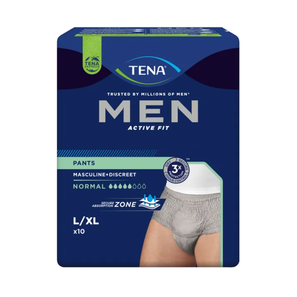 De afbeelding toont een pak TENA Men Active Fit Pants Normal Incontinentiebroek in grijs, van TENA – Essity Duitsland GmbH. De verpakking heeft de maat L/XL en bevat 10 stuks. Het legt de nadruk op kenmerken zoals een 'mannelijk + discreet' ontwerp en een 'veilige absorptiezone', waardoor het perfect is voor veilig omgaan met urineverlies.
